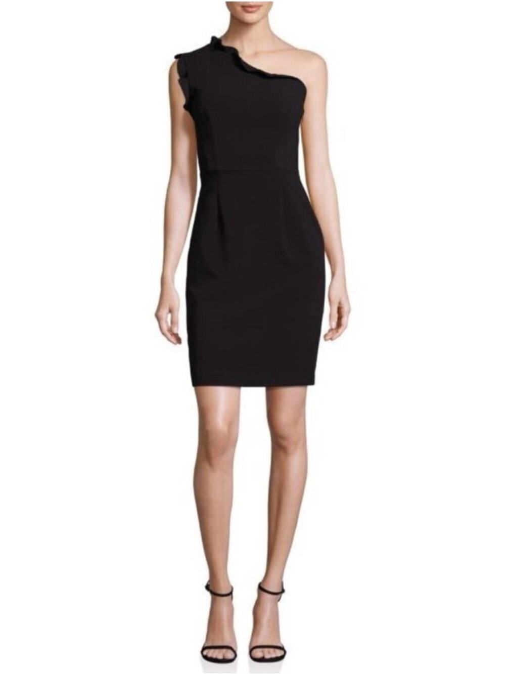Black Halo Ruffled Sleeveless One-Shoulder
Sheath Mini Dress Black sz 4